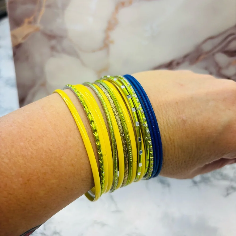 Bohemian Green Yellow and Blue Bangle Set of 16